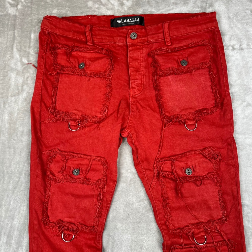 VALABASAS Red Denim Cargo Pants Distressed Ripped D-Ring Flare Leg 38x36 - Picture 3 of 16